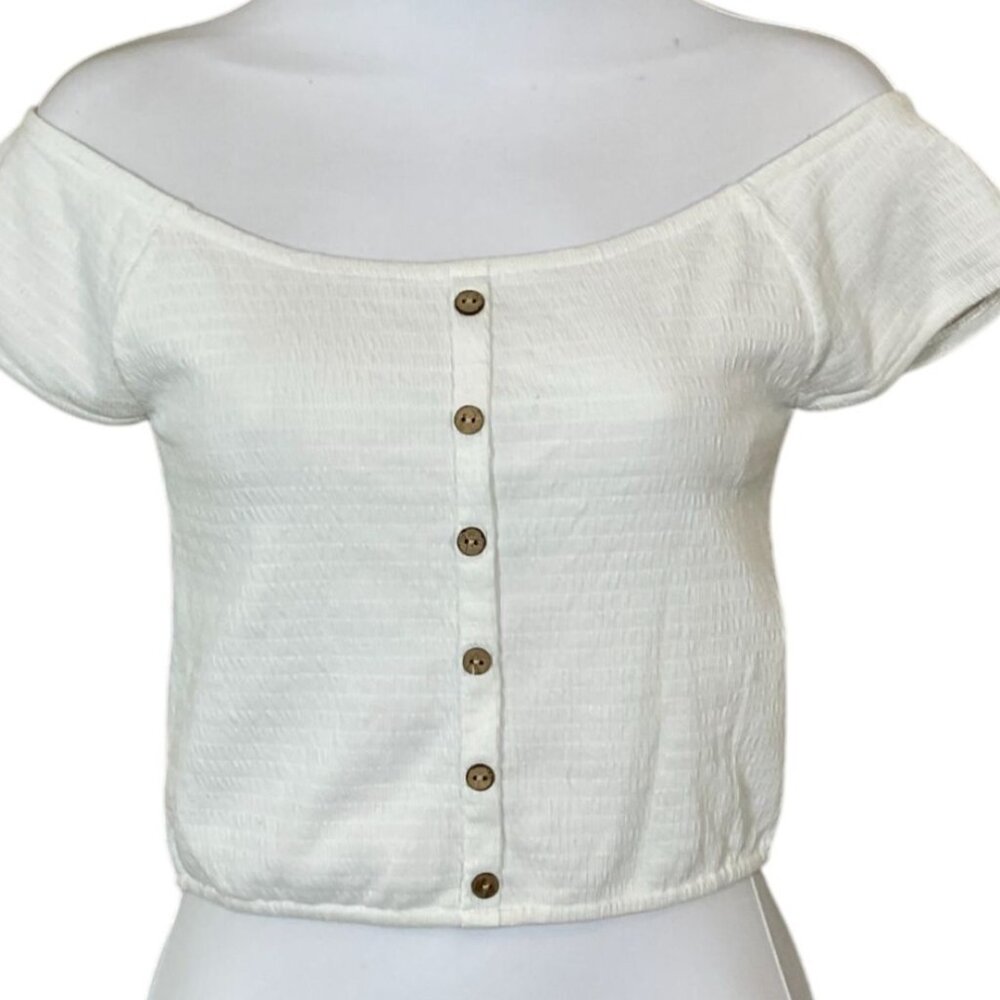 RIPCURL Ladies Venice Off-the-Shoulder White Smocked Texture Crop Top Small